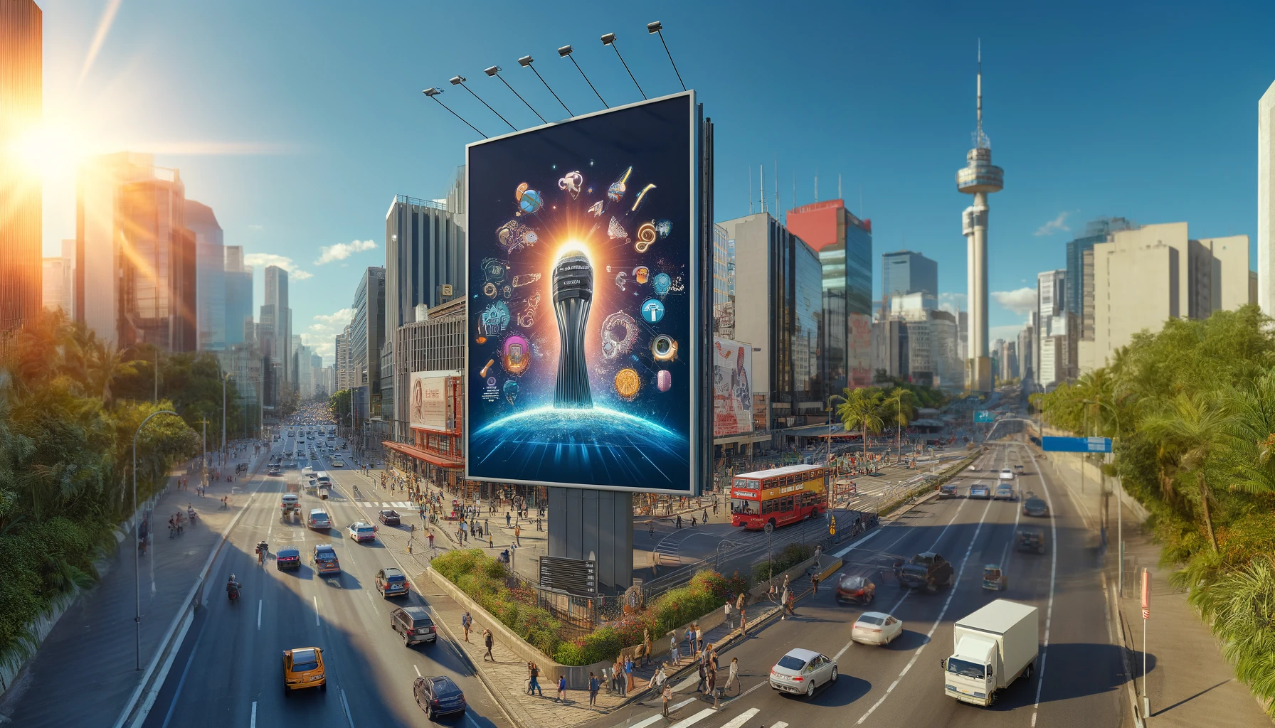 Outdoor grande em proporção 9x3 exibindo publicidade vibrante em uma rua urbana de Guarulhos, com pedestres e veículos passando