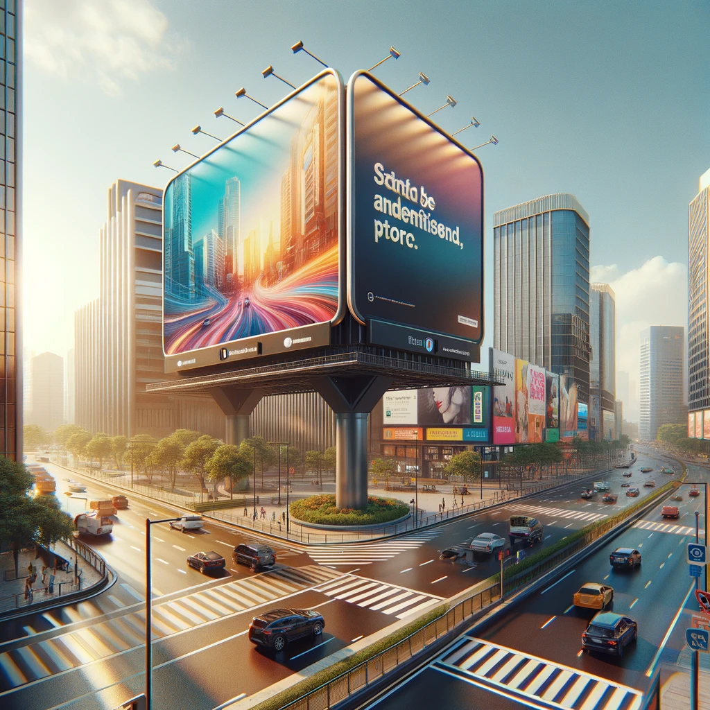 Outdoor iluminado ao entardecer em uma interseção movimentada de Mogi das Cruzes, destacando-se na paisagem urbana com sua mensagem publicitária atraente.