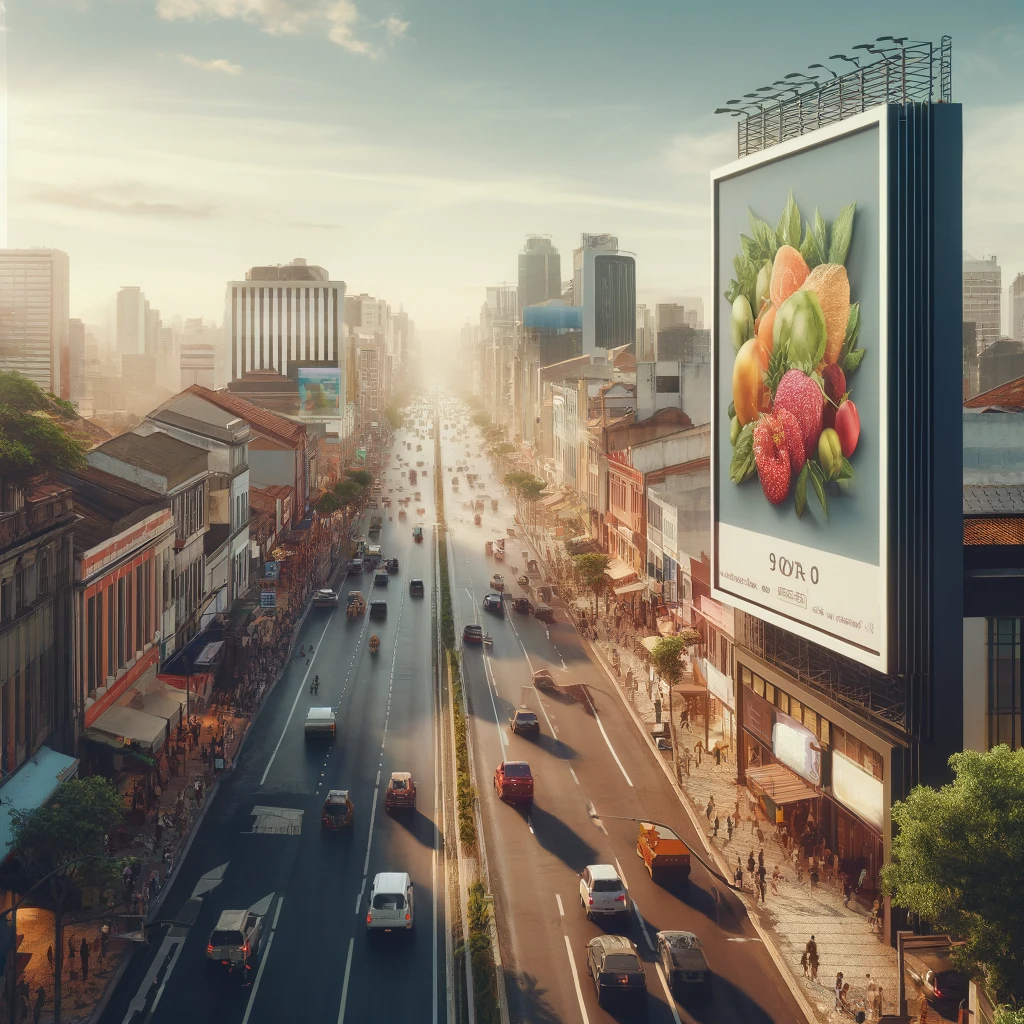 Um outdoor vibrante e atraente exibido em uma rua movimentada de São José do Rio Preto, demonstrando a eficácia da publicidade ao ar livre