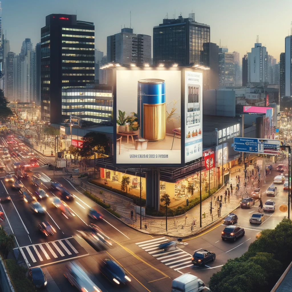 Um outdoor impactante localizado em um ponto chave de Barueri, São Paulo, com arquitetura moderna ao fundo. O anúncio, tanto genérico quanto atraente, ressalta a importância da localização estratégica para o marketing exterior.