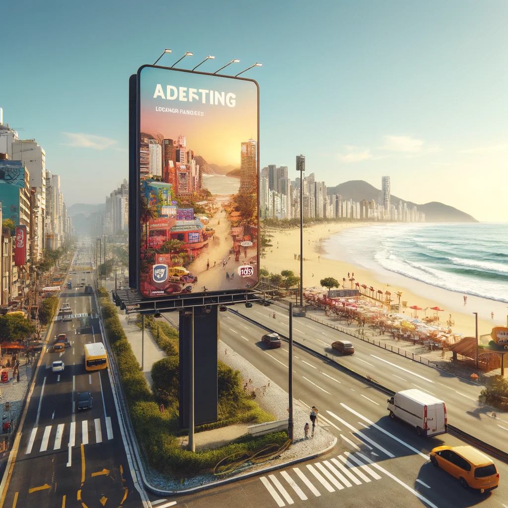 Outdoor de publicidade localizado em Praia Grande, São Paulo, com vista para a rua movimentada e a praia ao fundo, sob o céu azul claro.