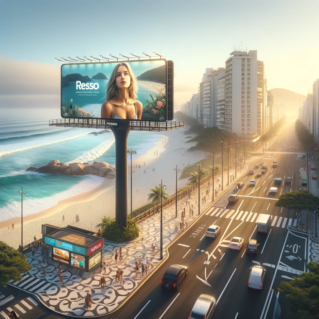 Um outdoor criativo situado em São Vicente, São Paulo, ao longo de uma rua movimentada, com a praia ao fundo. O anúncio genérico, mas atraente, destaca-se sob a luz do pôr do sol, demonstrando a eficácia da publicidade exterior.