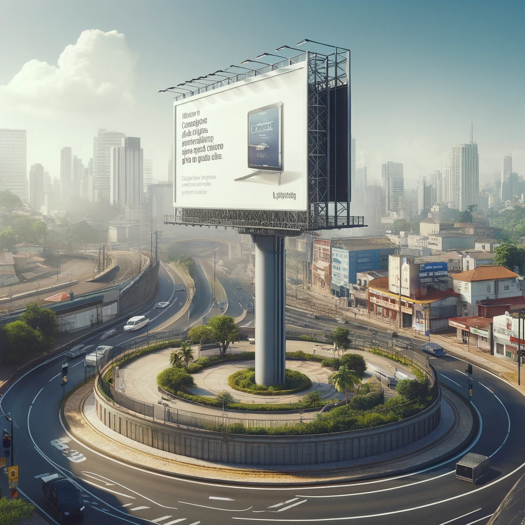 Outdoor em uma proporção de 9x3 situado em Carapicuíba, São Paulo, em um ambiente urbano próximo a centros de alta circulação, mostrando um anúncio que combina design inovador com uma mensagem resonante para a demografia local