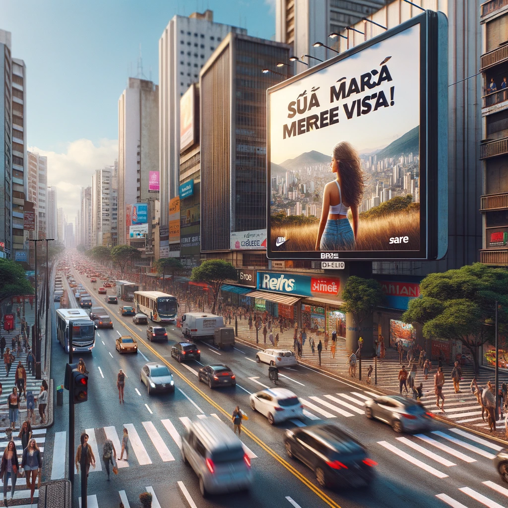 Outdoor promocional da Brasil Forte Outdoor localizado em uma avenida movimentada de Diadema, São Paulo, com a frase 'Sua marca merece ser vista!', rodeado por prédios comerciais, pessoas e carros