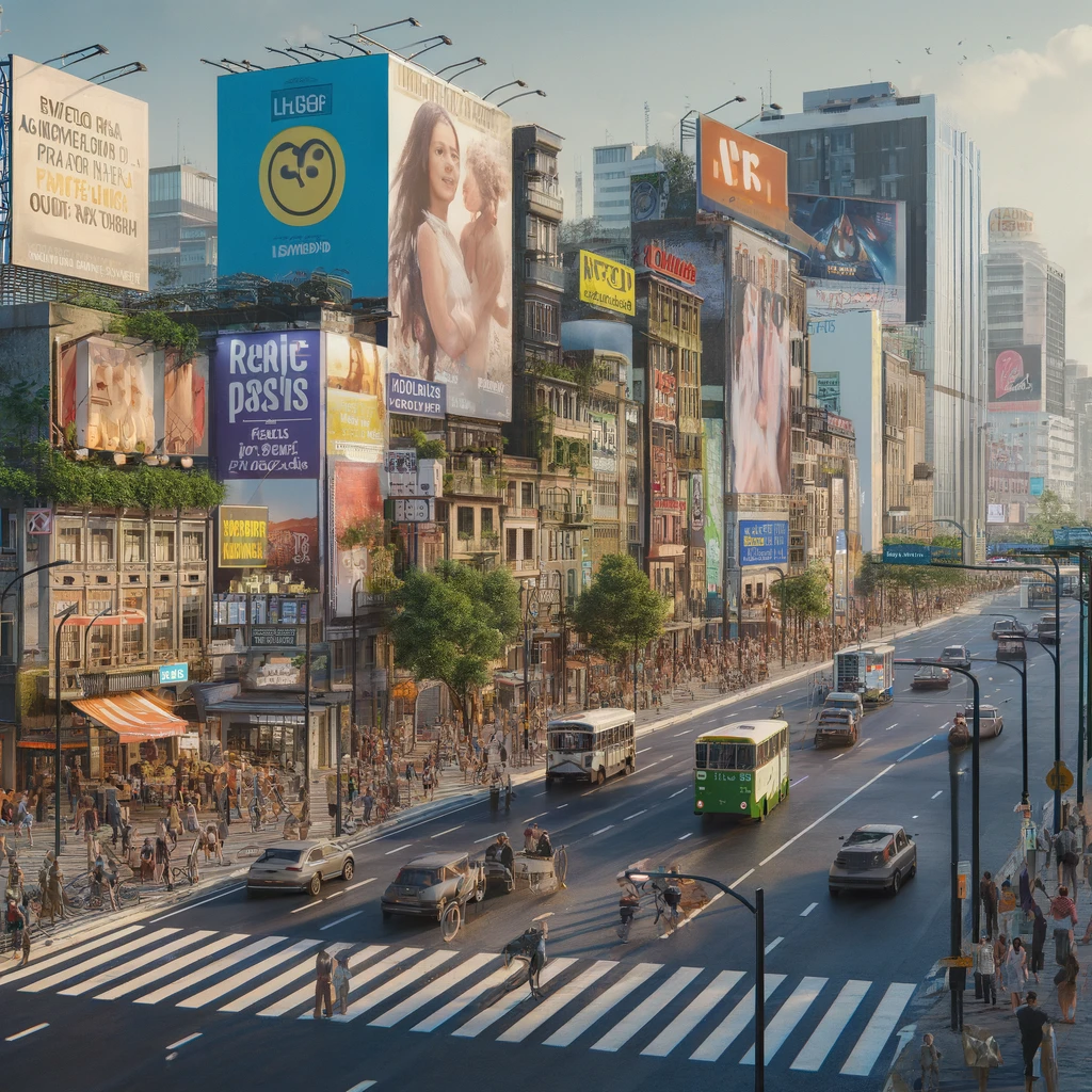 Vista de uma rua animada em Santo André, mostrando pessoas interagindo com uma variedade de outdoors publicitários coloridos e vibrantes, refletindo a eficácia da publicidade exterior na vida urbana.