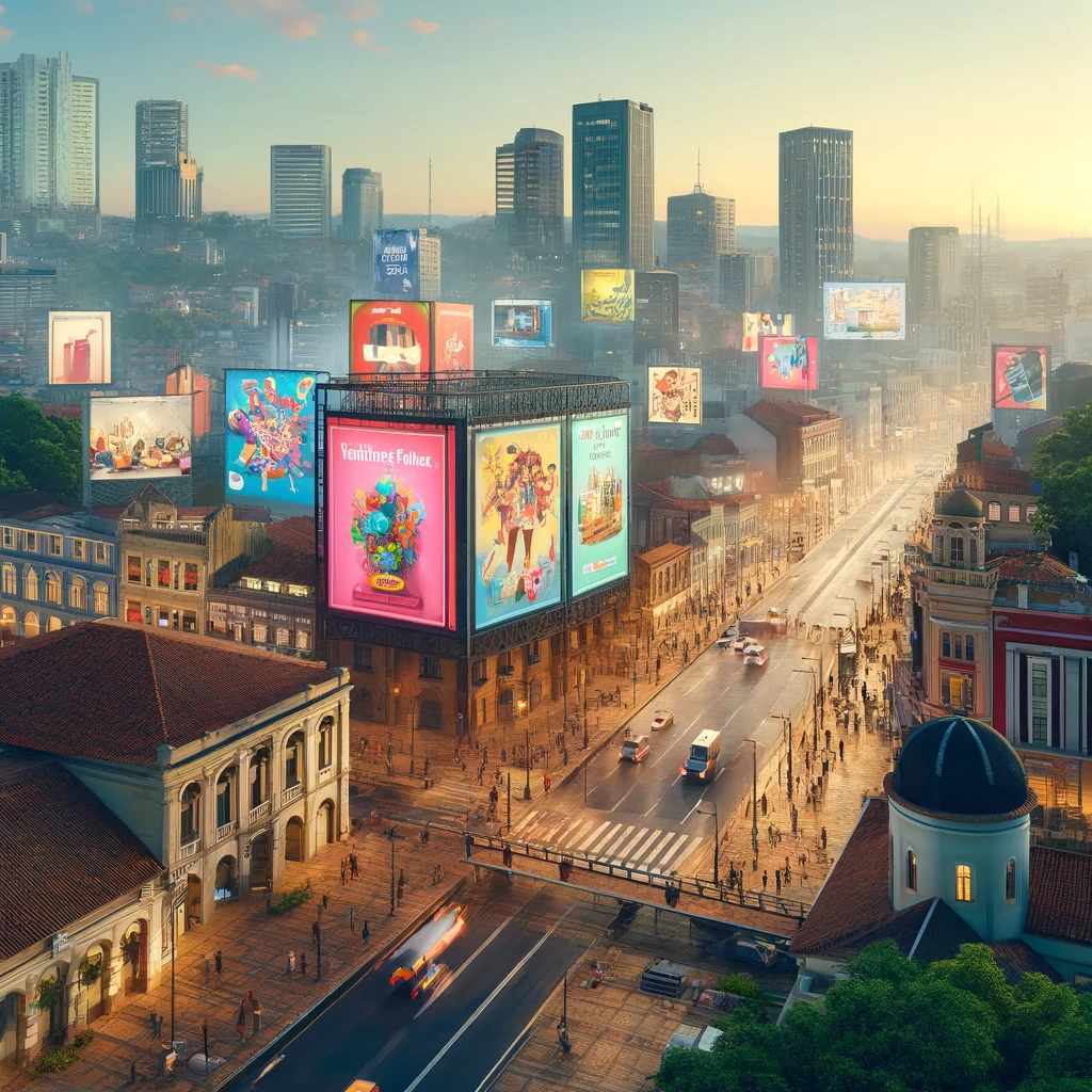 Uma representação vibrante de Sorocaba, mostrando uma mistura de pessoas, arquitetura histórica e moderna, com outdoors publicitários vibrantes e criativos que se destacam, exemplificando a harmonia entre tradição e modernidade na publicidade exterior.