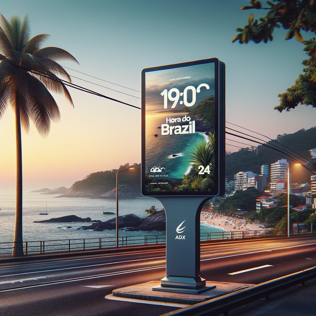 Cena urbana durante o dia com um relógio de rua apresentando um anúncio vibrante, rodeado por pessoas diversas e elementos urbanos como lojas e carros