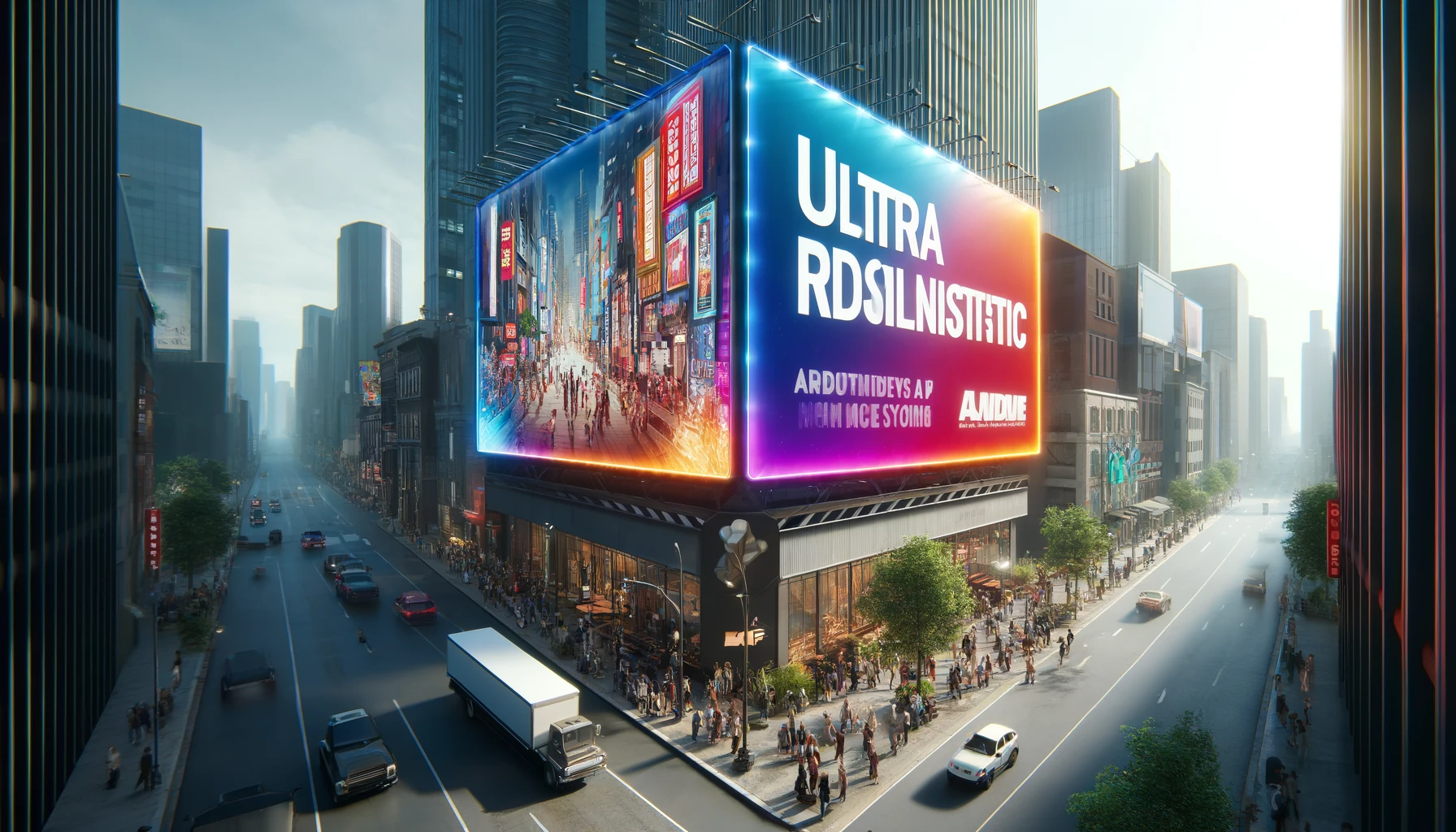 Outdoor publicitário grande e colorido, exibido em uma rua urbana movimentada com pedestres e tráfego, destacando-se como ponto focal