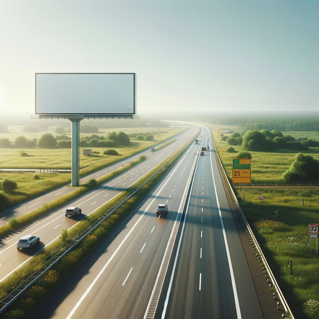 Imagem de uma rodovia multi-lane tranquila com um grande outdoor em branco à espera de publicidade. O dia está claro e ensolarado, com campos verdes ao redor e um céu azul claro acima. Sinais de trânsito indicam a saída para Kent, 25 milhas à frente.