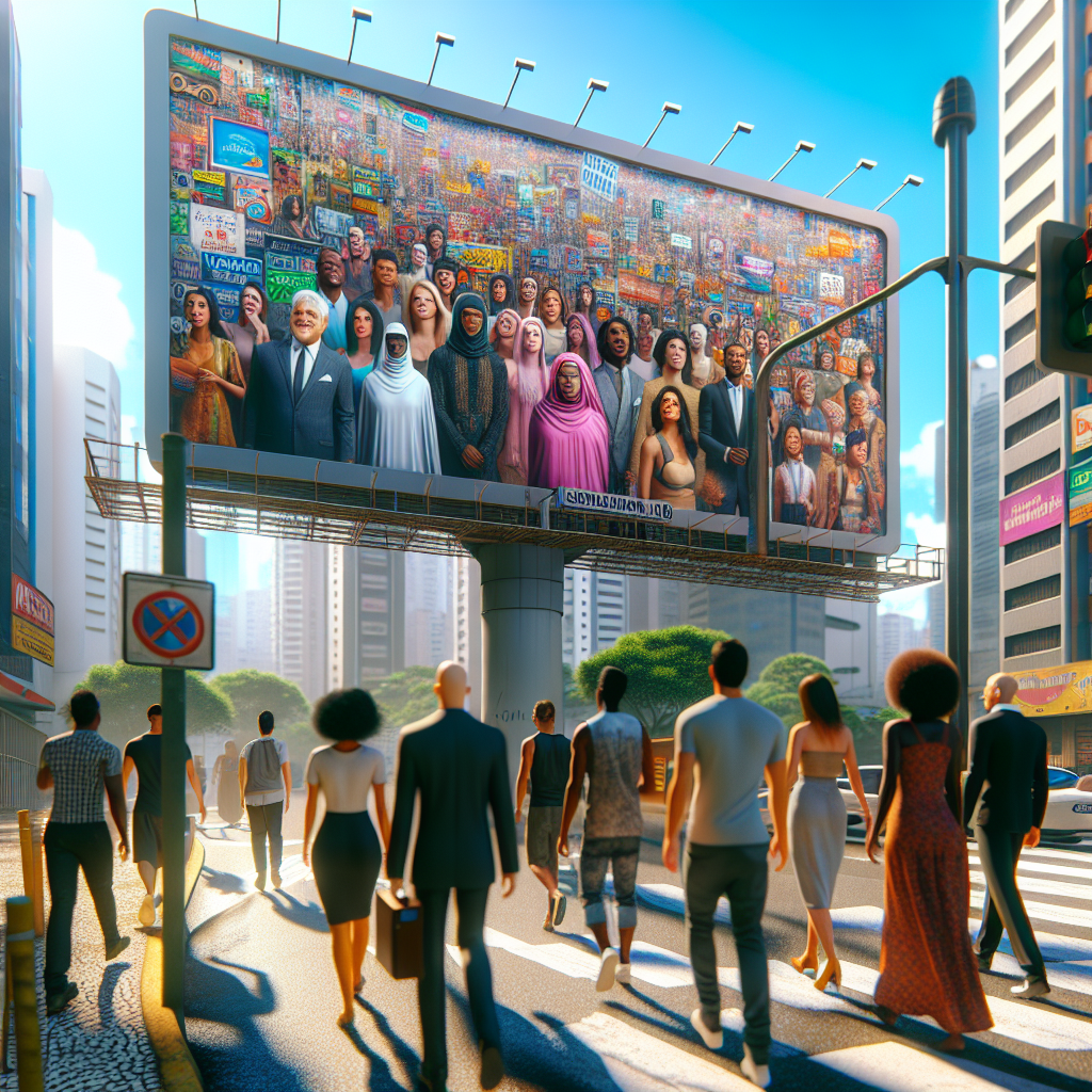 Um outdoor colorido em destaque em meio ao cenário urbano de Votorantim, São Paulo