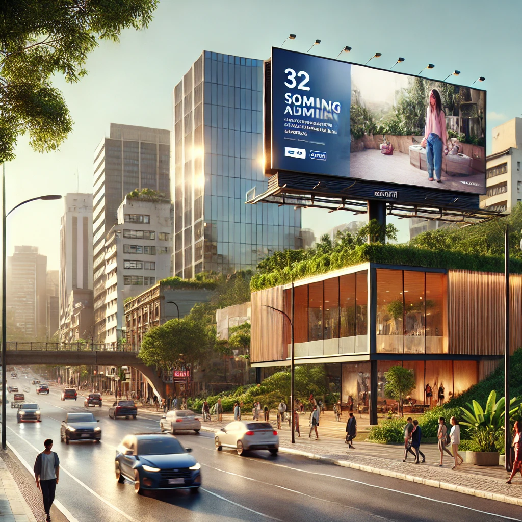 Outdoor publicitário em uma rua urbana de Arujá, SP, com destaque para o movimento da cidade.