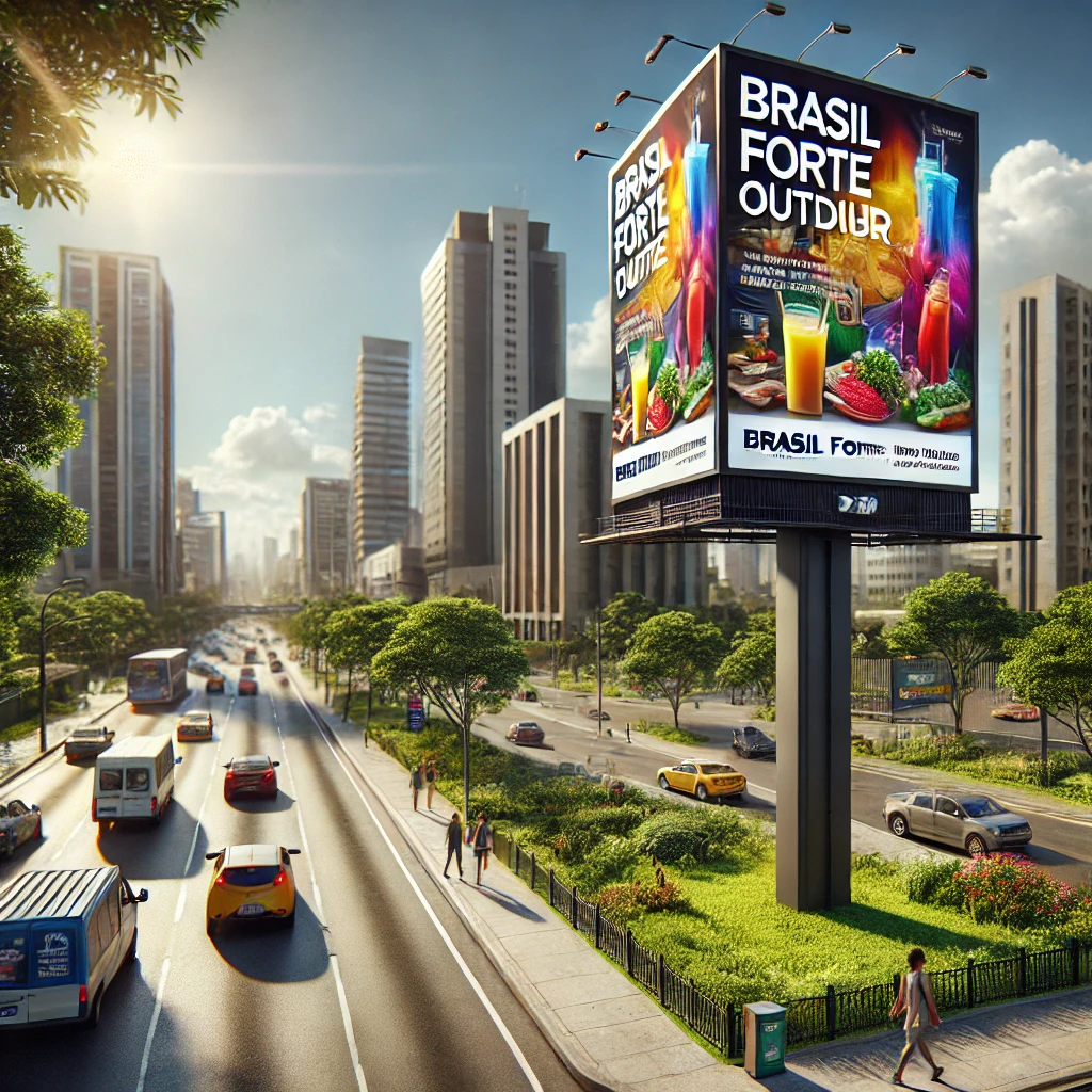 Outdoor 9x3 em Birigui, Brasil, com um anúncio colorido promovendo serviços da Brasil Forte Outdoor, localizado próximo a uma avenida movimentada com pedestres e carros ao fundo.