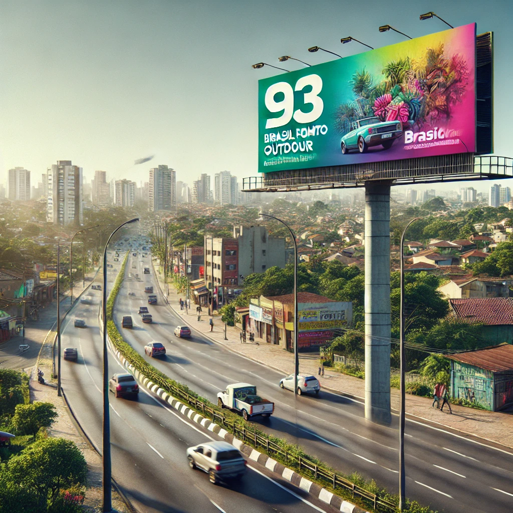 Outdoor 9x3 em Campo Limpo Paulista, Brasil, com design vibrante promovendo os serviços da Brasil Forte Outdoor, situado próximo a uma avenida movimentada com edifícios e construções ao fundo.