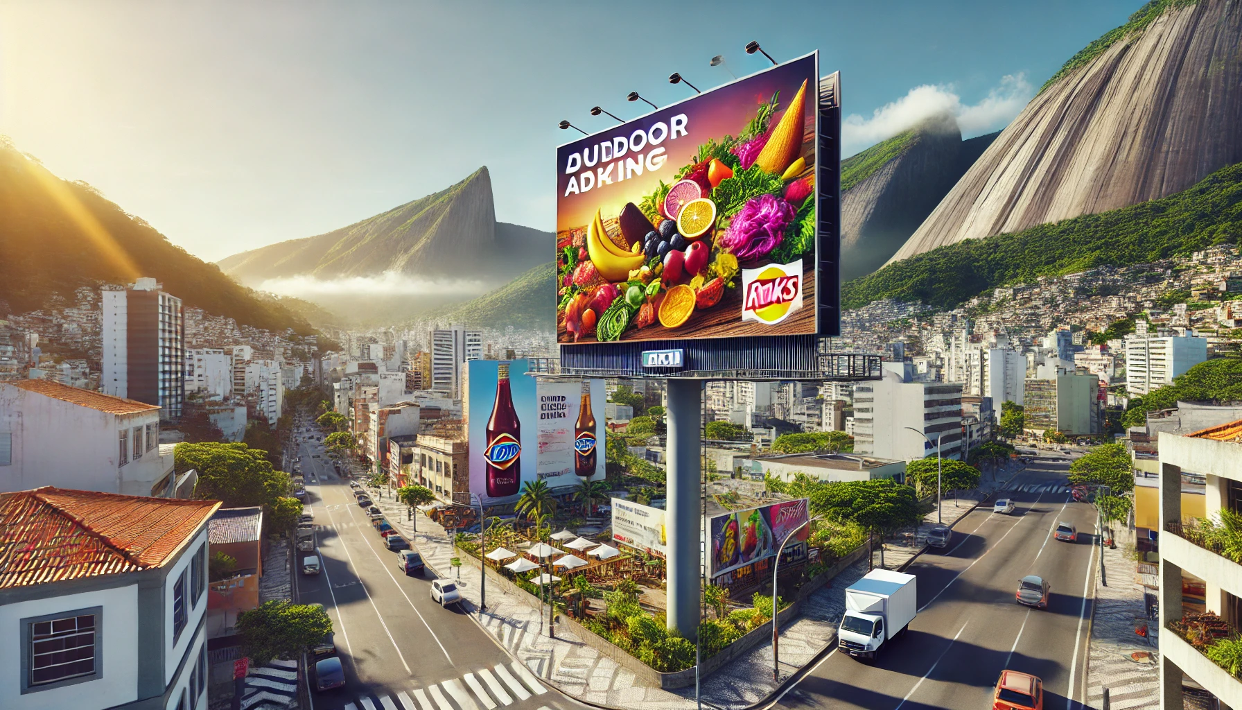 Outdoor publicitário em Cruzeiro, Brasil, em uma avenida movimentada com montanhas ao fundo, representando uma campanha estratégica e eficaz.