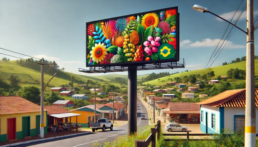 Outdoor publicitário em Ibiúna, Brasil, situado em um ambiente rural com colinas verdes e comércios locais ao fundo, mostrando a efetividade da publicidade no local.