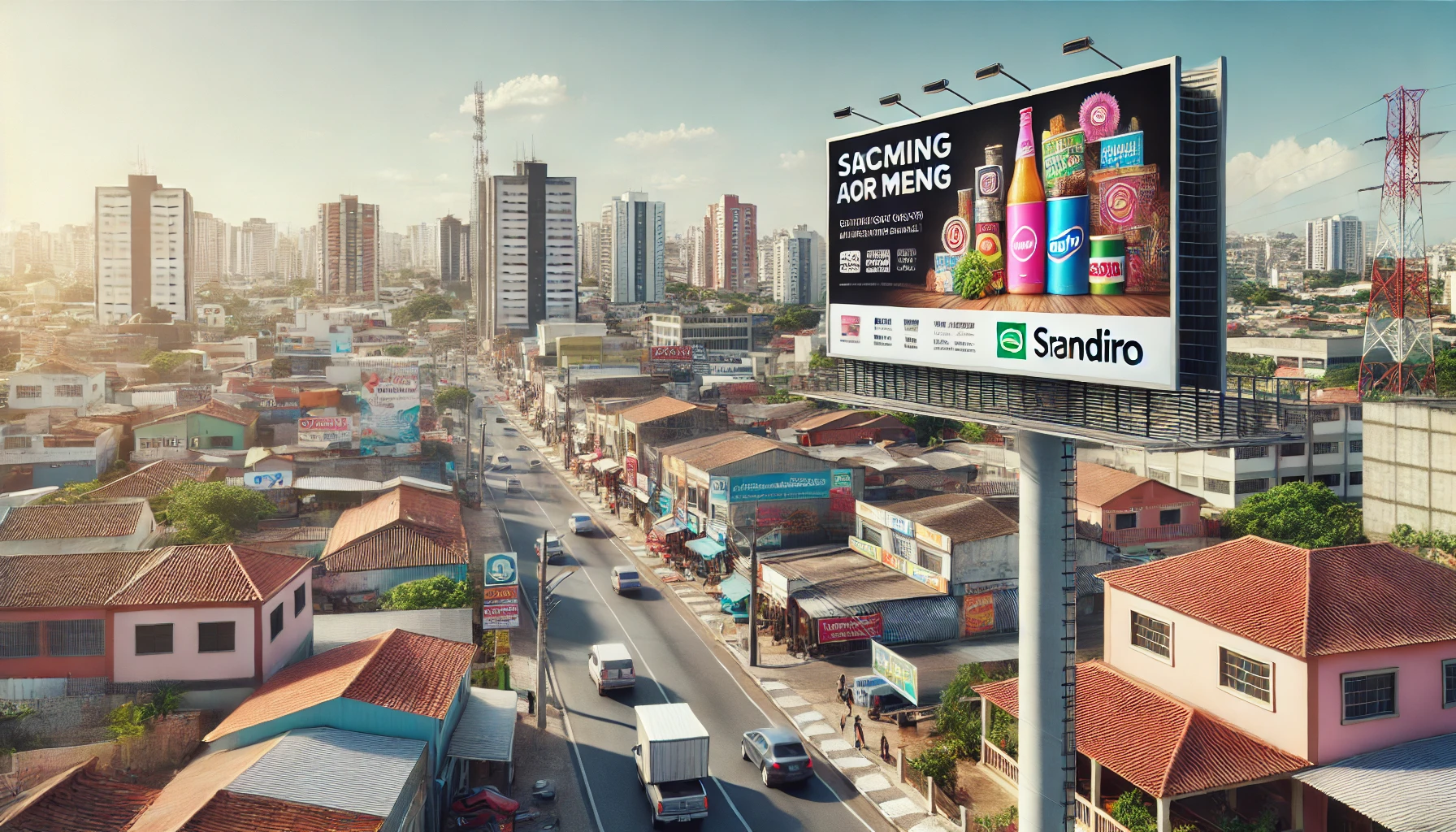 Outdoor publicitário em Jandira, Brasil, localizado em uma área urbana com prédios residenciais e comércios ao redor, representando uma campanha de alto impacto.