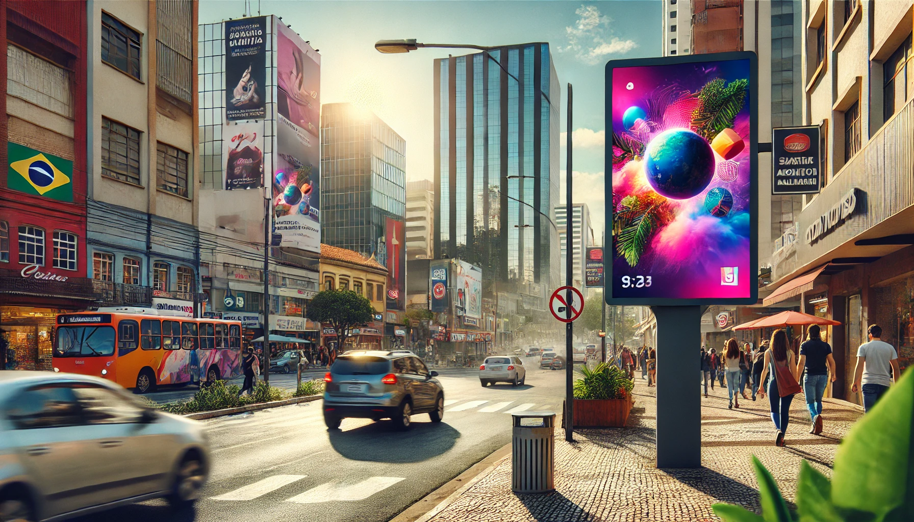 Cenário urbano de São João da Boa Vista, SP, com exterior colorido em avenida movimentada, integrando-se à arquitetura moderna e tradicional da cidade.