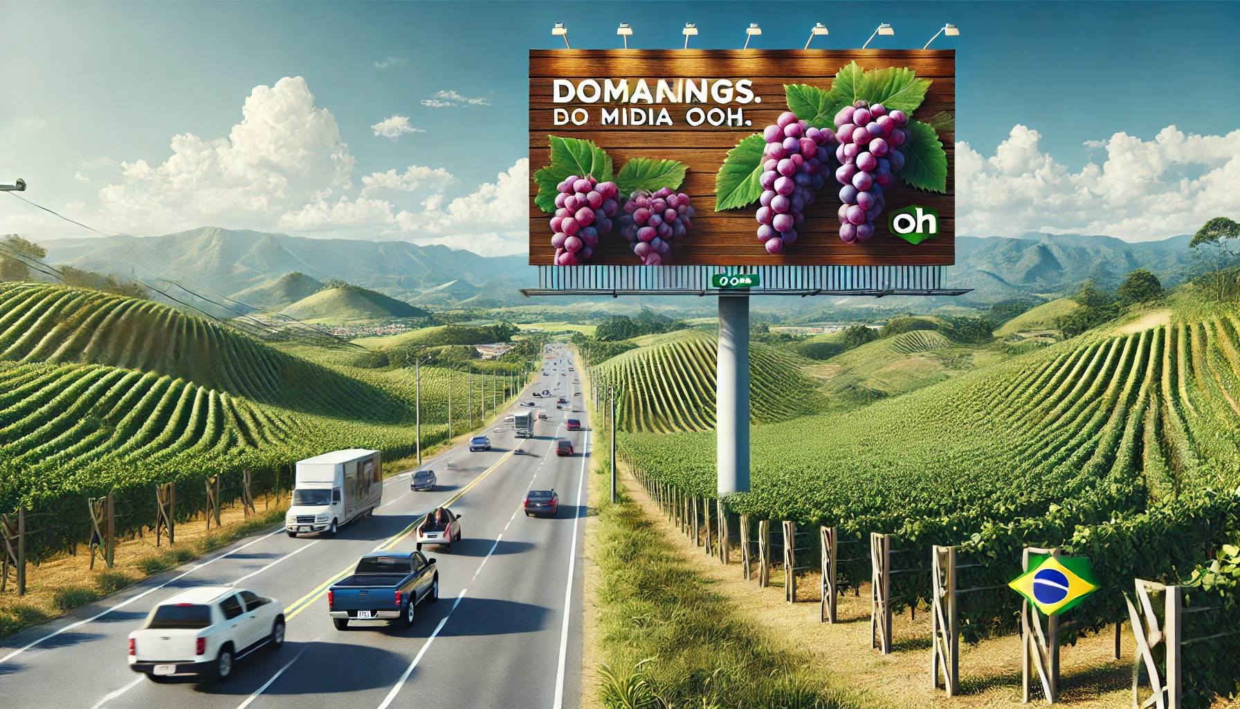Imagem de um outdoor publicitário em São Roque, SP, com paisagem de vinhedos e colinas ao fundo, representando o impacto visual da mídia OOH em cenários estratégicos.