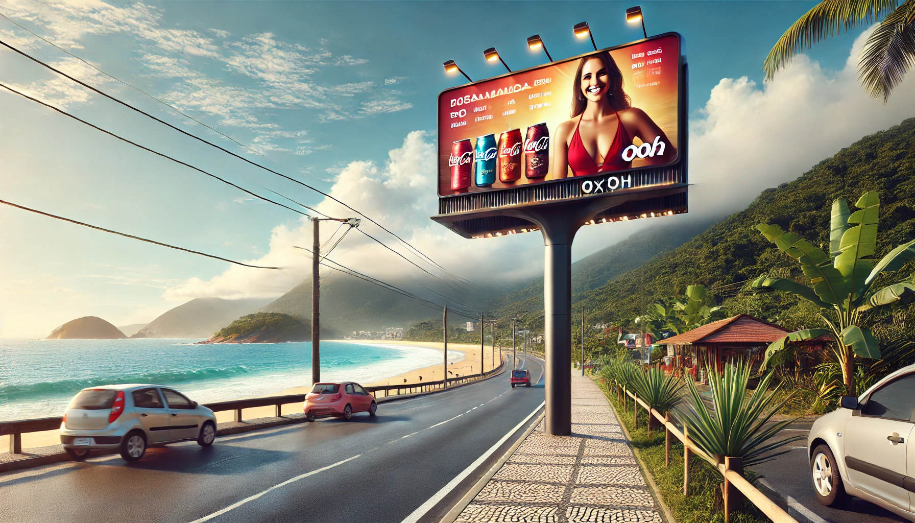 Imagem de um outdoor publicitário em São Sebastião, SP, com vista para o mar e montanhas ao fundo, mostrando o impacto da mídia OOH em cenários costeiros.