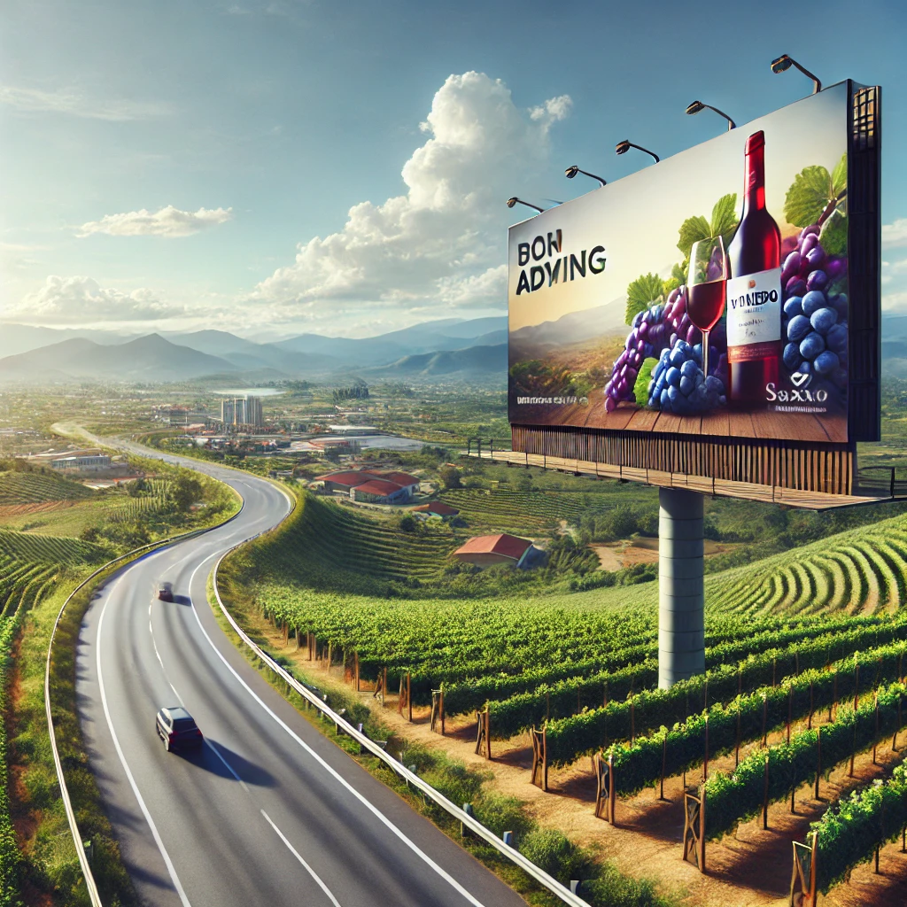 Outdoor publicitário em formato 9x3 localizado em uma via importante de Lins, Brasil, com elementos do cenário local e um design vibrante.