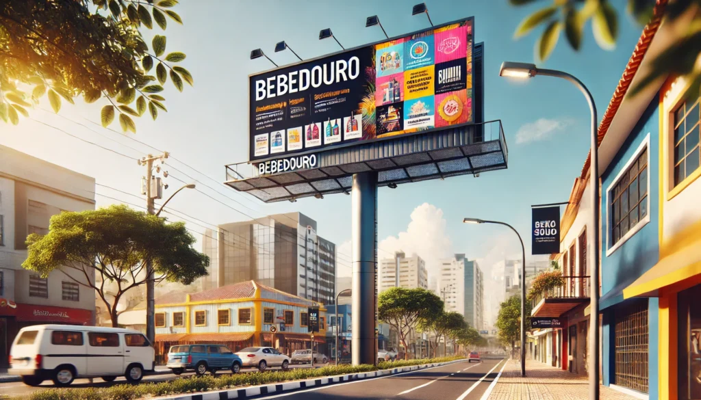 Outdoor publicitário em Bebedouro, Brasil, em uma avenida movimentada com árvores e comércios ao fundo, demonstrando um exemplo de campanha eficaz.