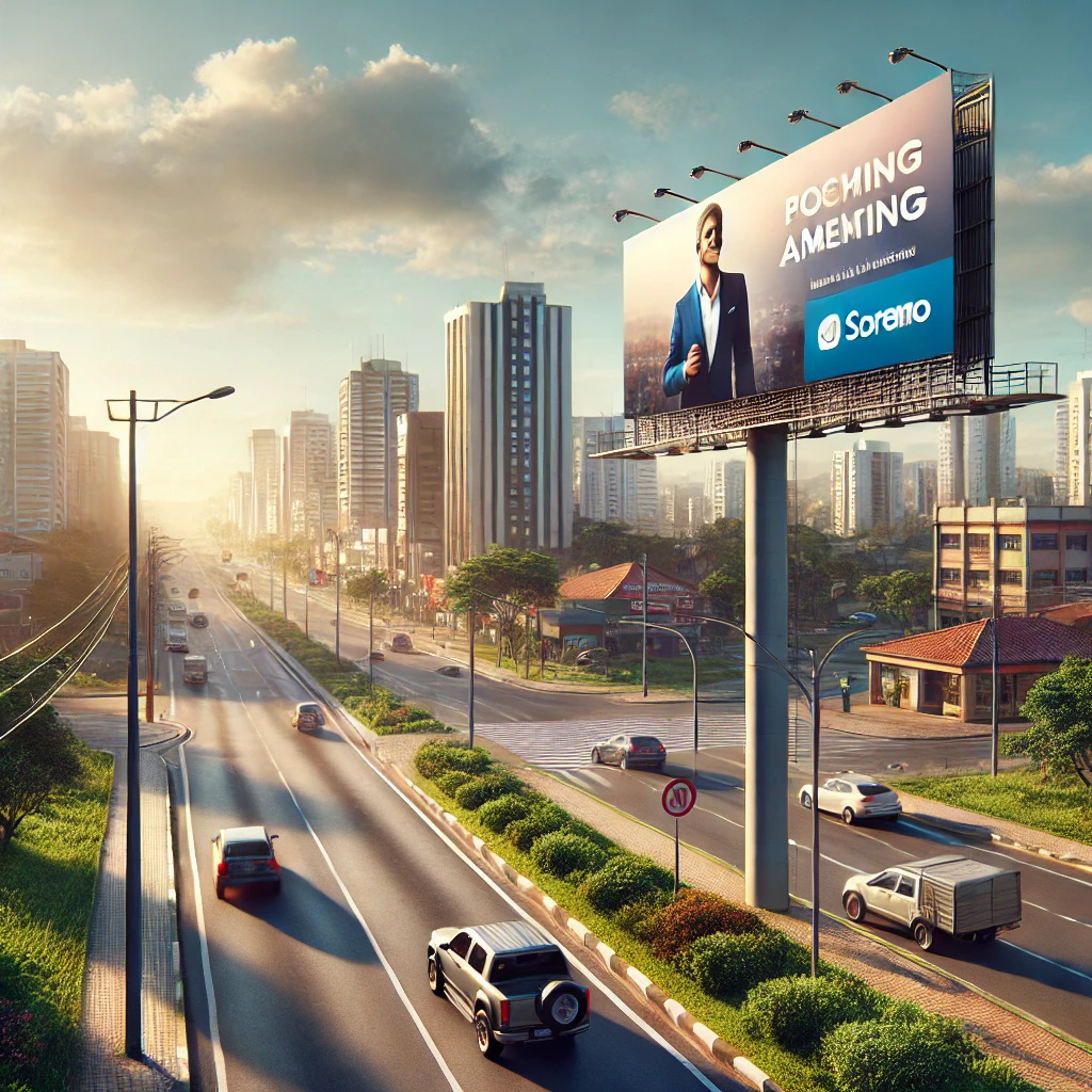 Outdoor publicitário em Itapeva, SP, localizado em um cruzamento movimentado, com uma paisagem mista de cidade e natureza. Título: Publicidade Eficaz: Outdoor em Itapeva, SP