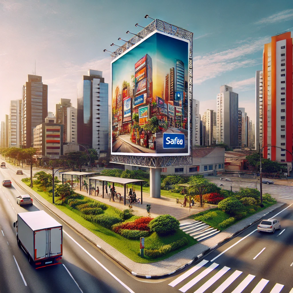 Imagem de um outdoor publicitário em Jaboticabal, São Paulo, em um cenário urbano com prédios baixos e tráfego moderado.