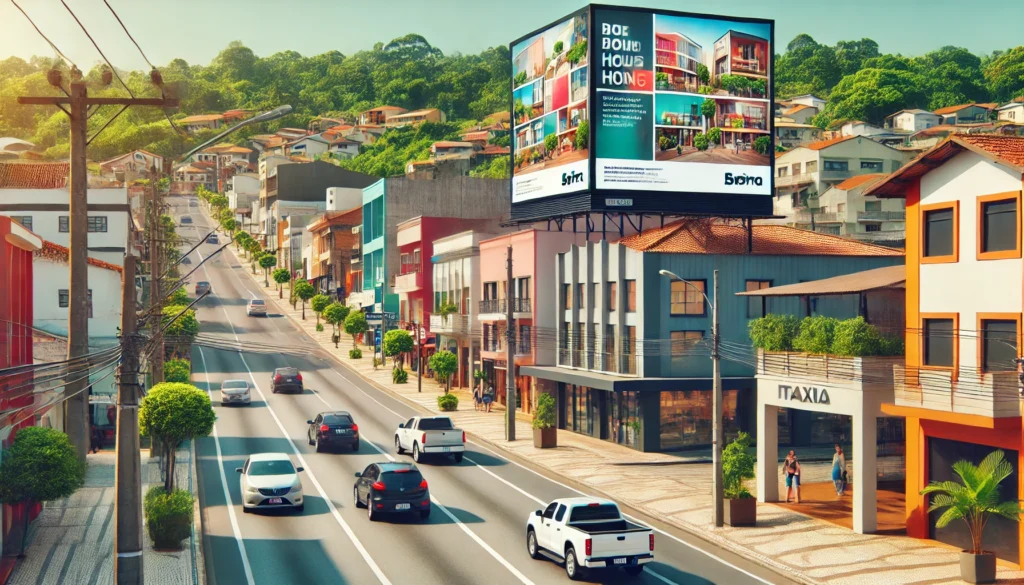 Outdoor publicitário em Itapira, São Paulo, exibindo uma propaganda moderna em uma avenida movimentada com carros e pedestres ao fundo.