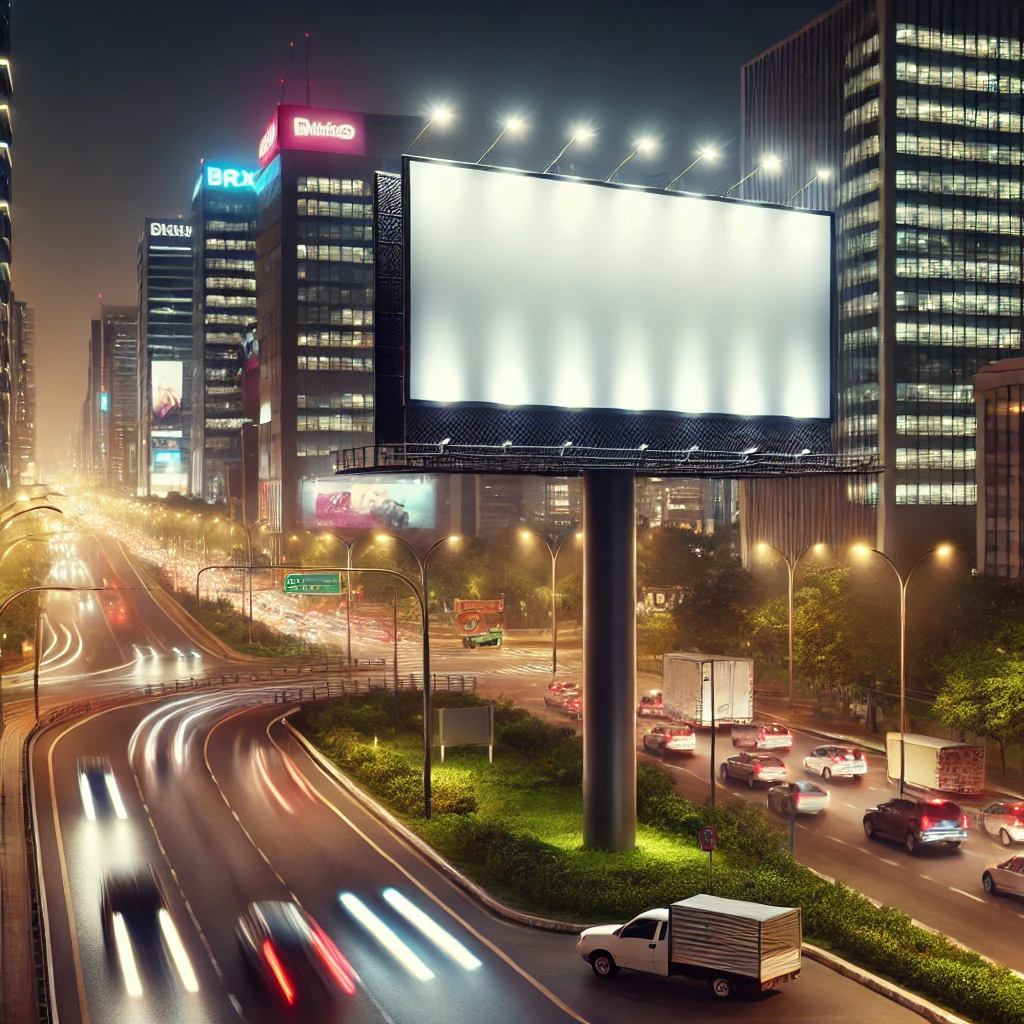 Painel de outdoor em avenida movimentada de Uberlândia durante a noite.