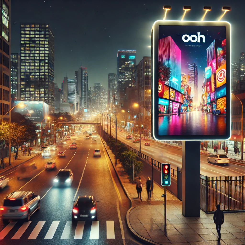 Painel de outdoor em avenida movimentada de Belo Horizonte durante a noite.