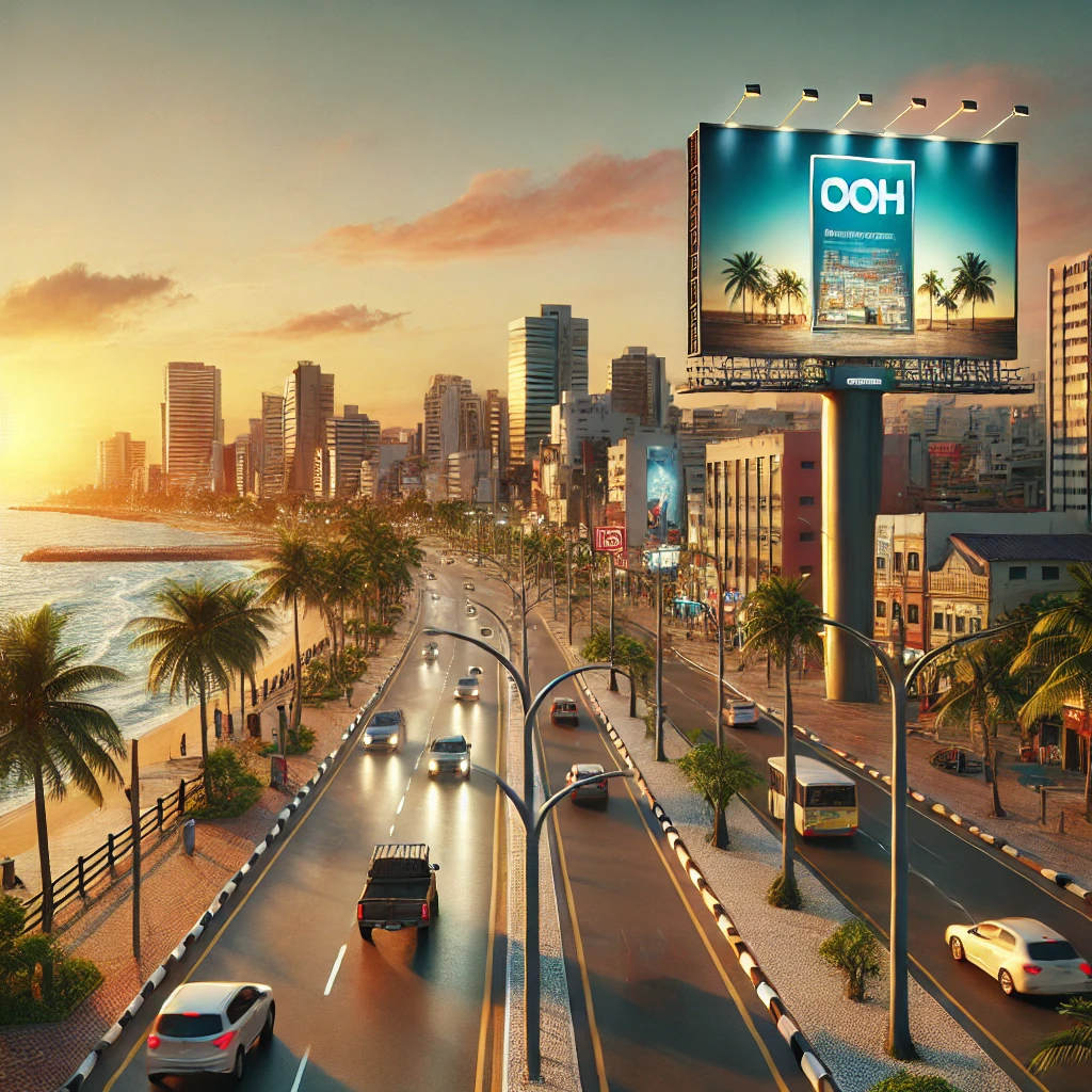 Outdoor em avenida movimentada de Fortaleza ao entardecer.