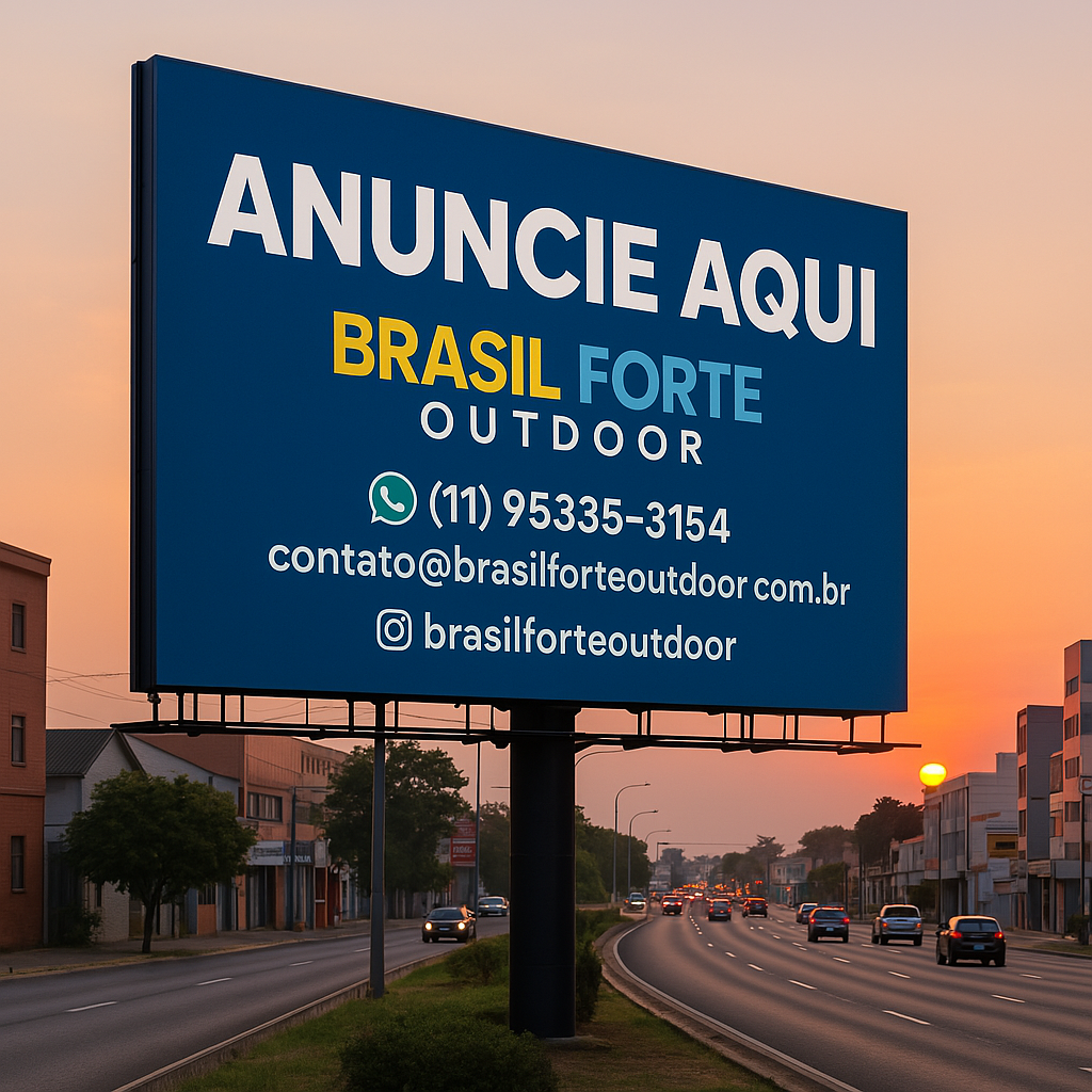 Painel publicitário instalado em via movimentada de Amparo com pedestres e carros circulando