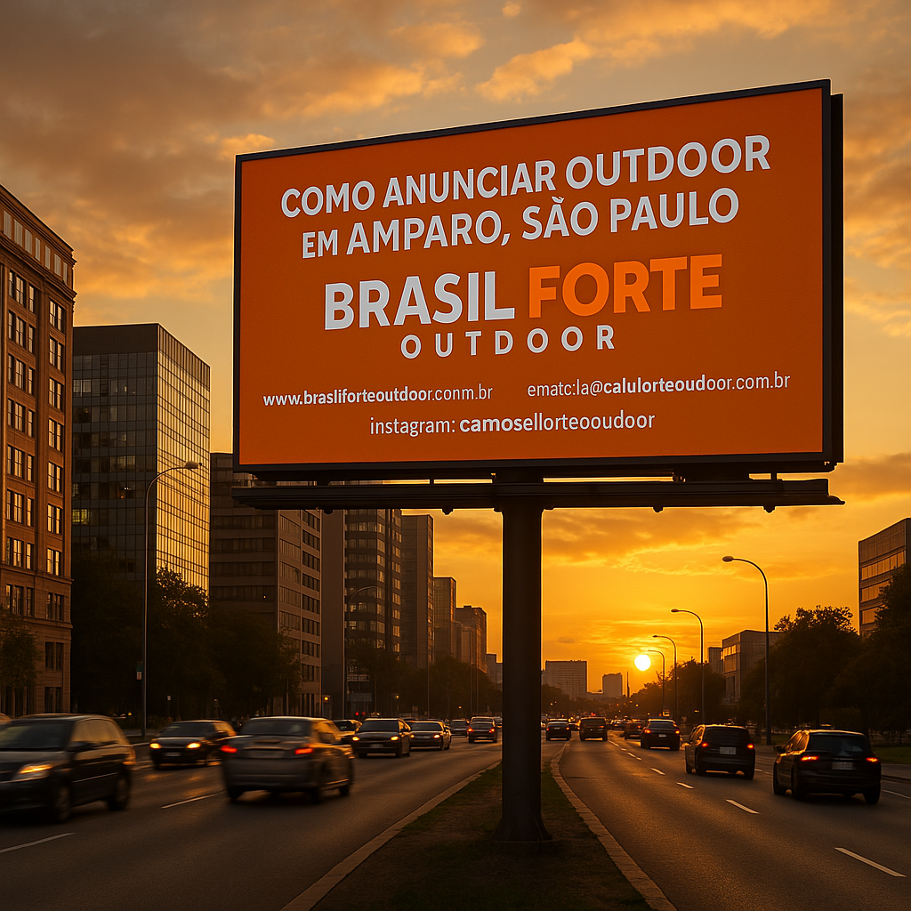 Outdoor da Brasil Forte Outdoor com a palavra "Forte" em laranja, instalado em avenida movimentada de Amparo, São Paulo, ao pôr do sol.
