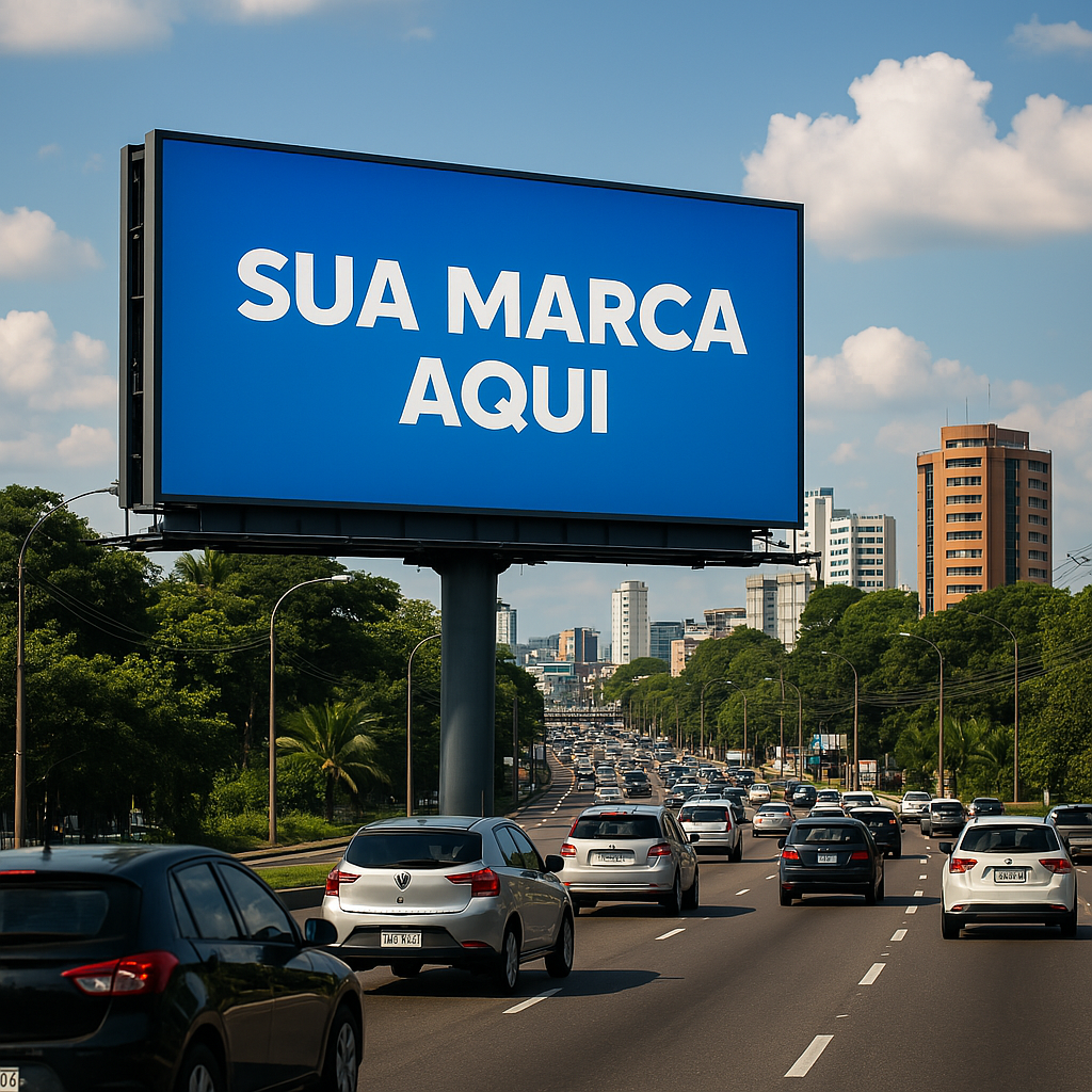 Outdoor publicitário em via movimentada de Manaus, destacando uma marca de grande alcance.