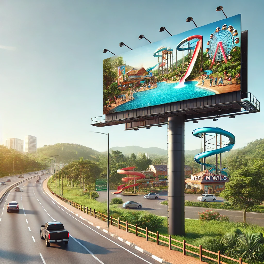 Outdoor moderno em Itupeva, São Paulo, com paisagem urbana e atrações ao fundo, ideal para campanhas de mídia OOH.