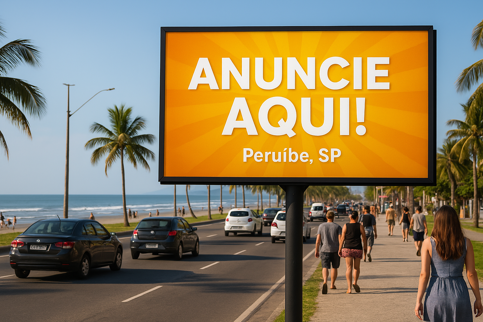 Outdoor publicitário instalado em avenida movimentada de Peruíbe, com turistas e veículos passando