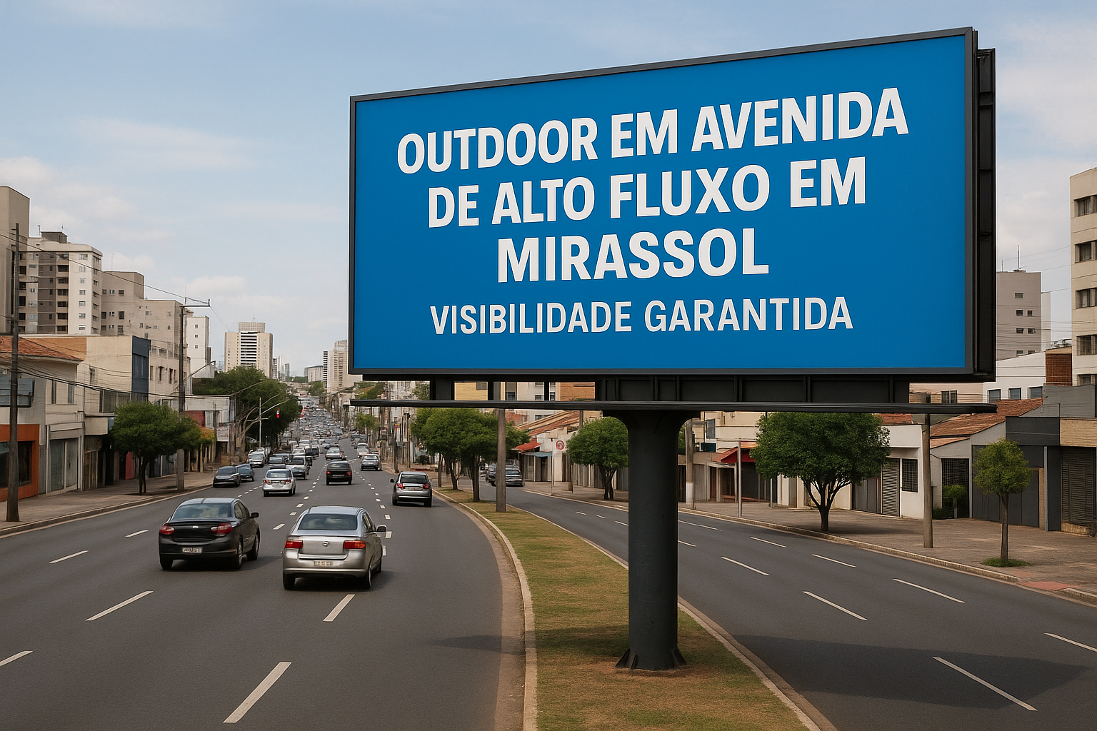 Outdoor instalado em avenida movimentada de Mirassol, São Paulo, com paisagem urbana ao fundo.