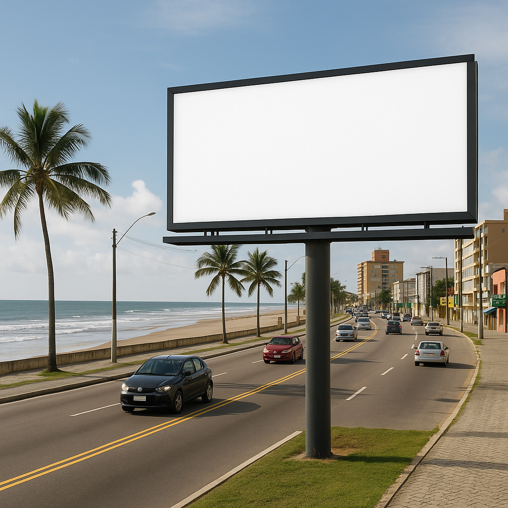 Outdoor publicitário à beira-mar em Mongaguá, em uma avenida movimentada com tráfego de carros e presença de pedestres.