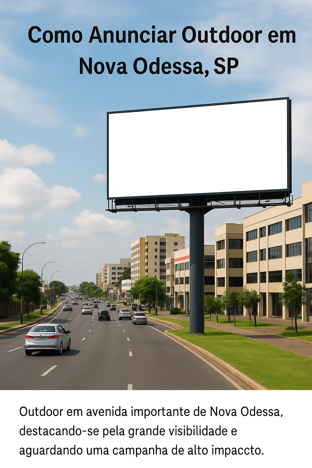 Outdoor publicitário em avenida urbana de Nova Odessa, com carros em movimento e prédios ao fundo.