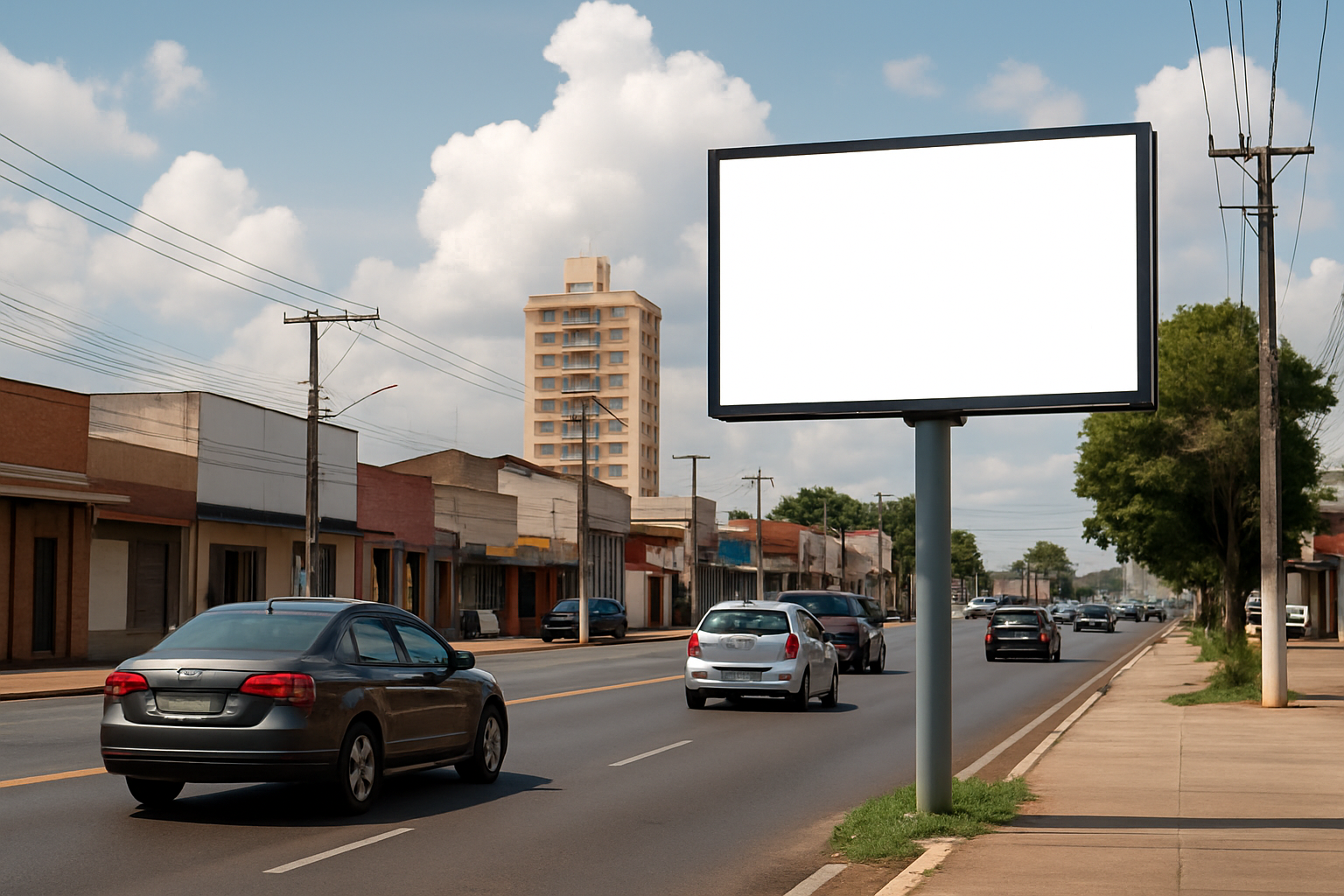 Outdoor instalado em avenida comercial de Penápolis com carros passando e edifícios comerciais ao fundo.