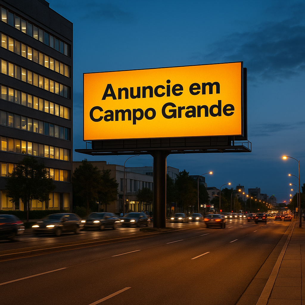 Outdoor em Campo Grande com tráfego intenso ao fundo, simbolizando a força da mídia OOH.