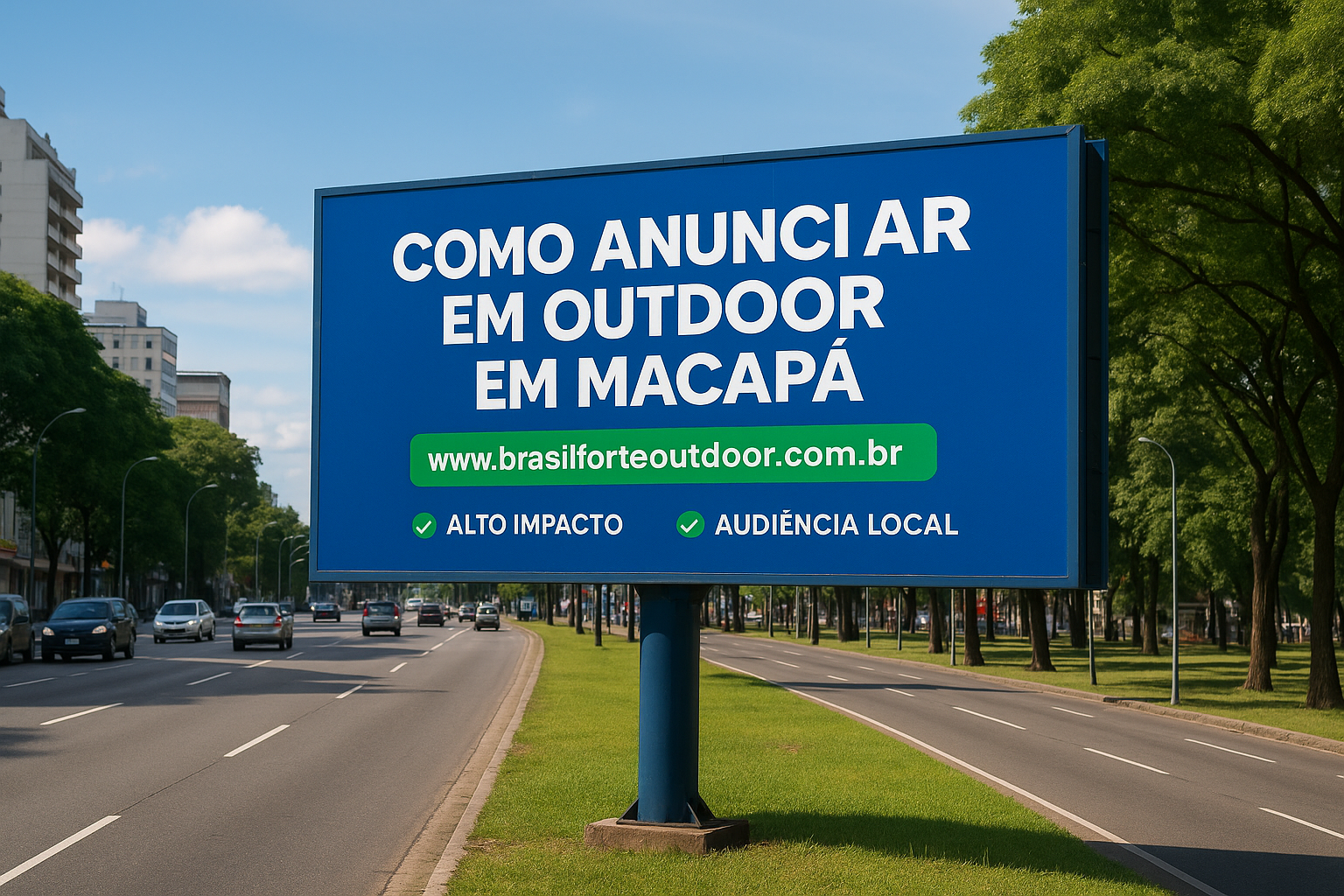 Outdoor em Cuiabá com mensagem publicitária em avenida central da cidade.