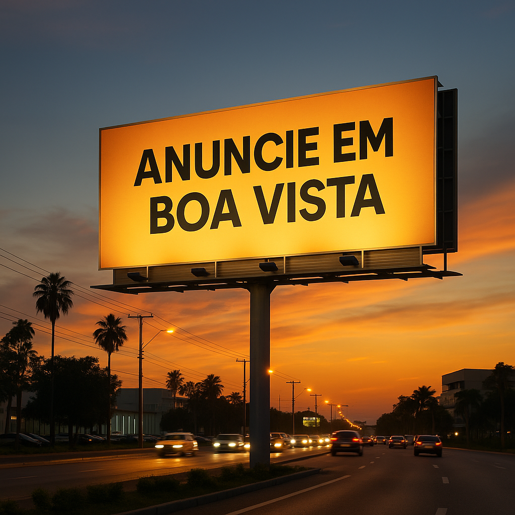 Painel publicitário em avenida movimentada de Boa Vista, com carros em trânsito e céu alaranjado ao fundo.