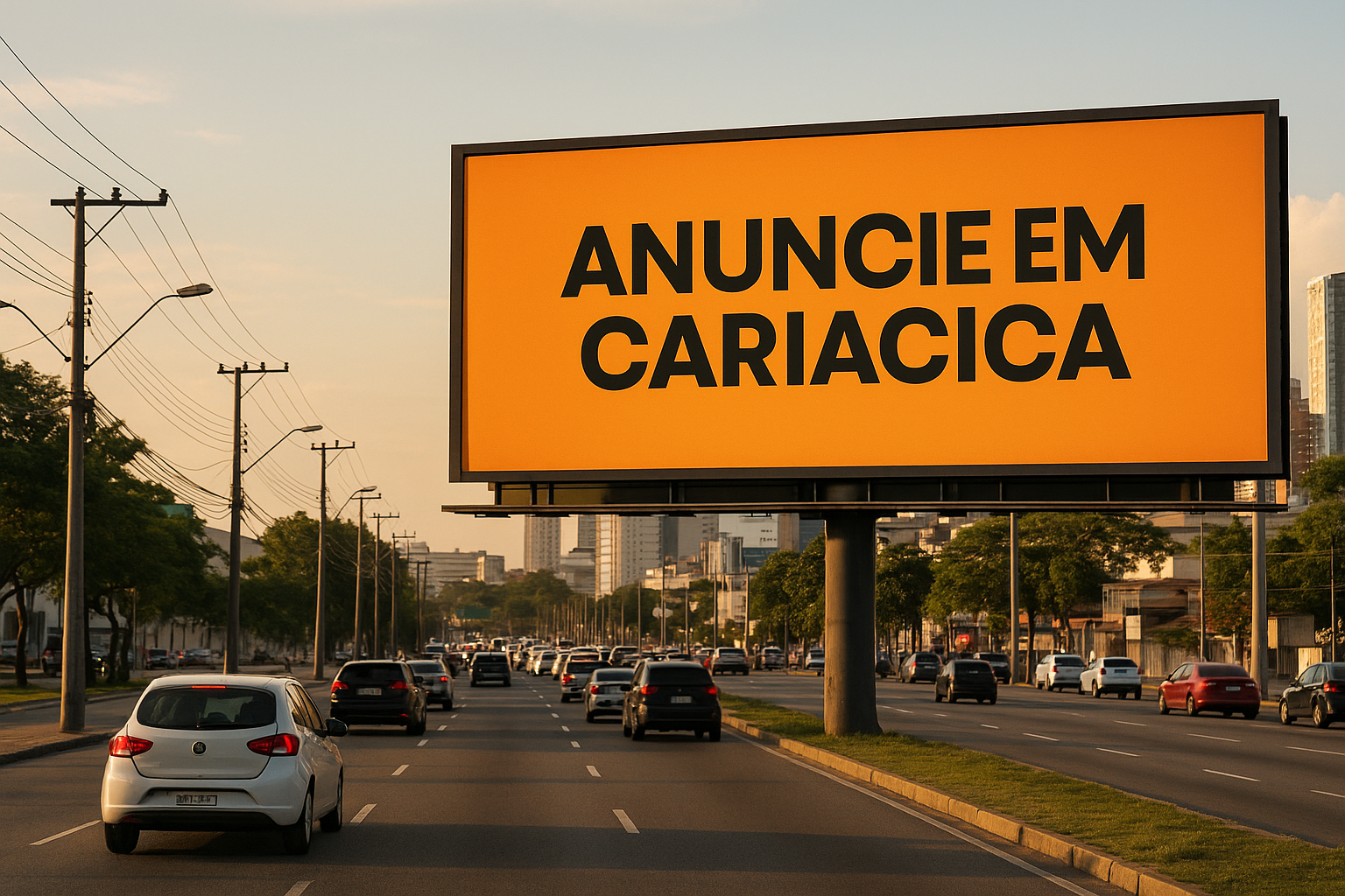 Painel publicitário em via urbana de Cariacica, com fluxo intenso de veículos.