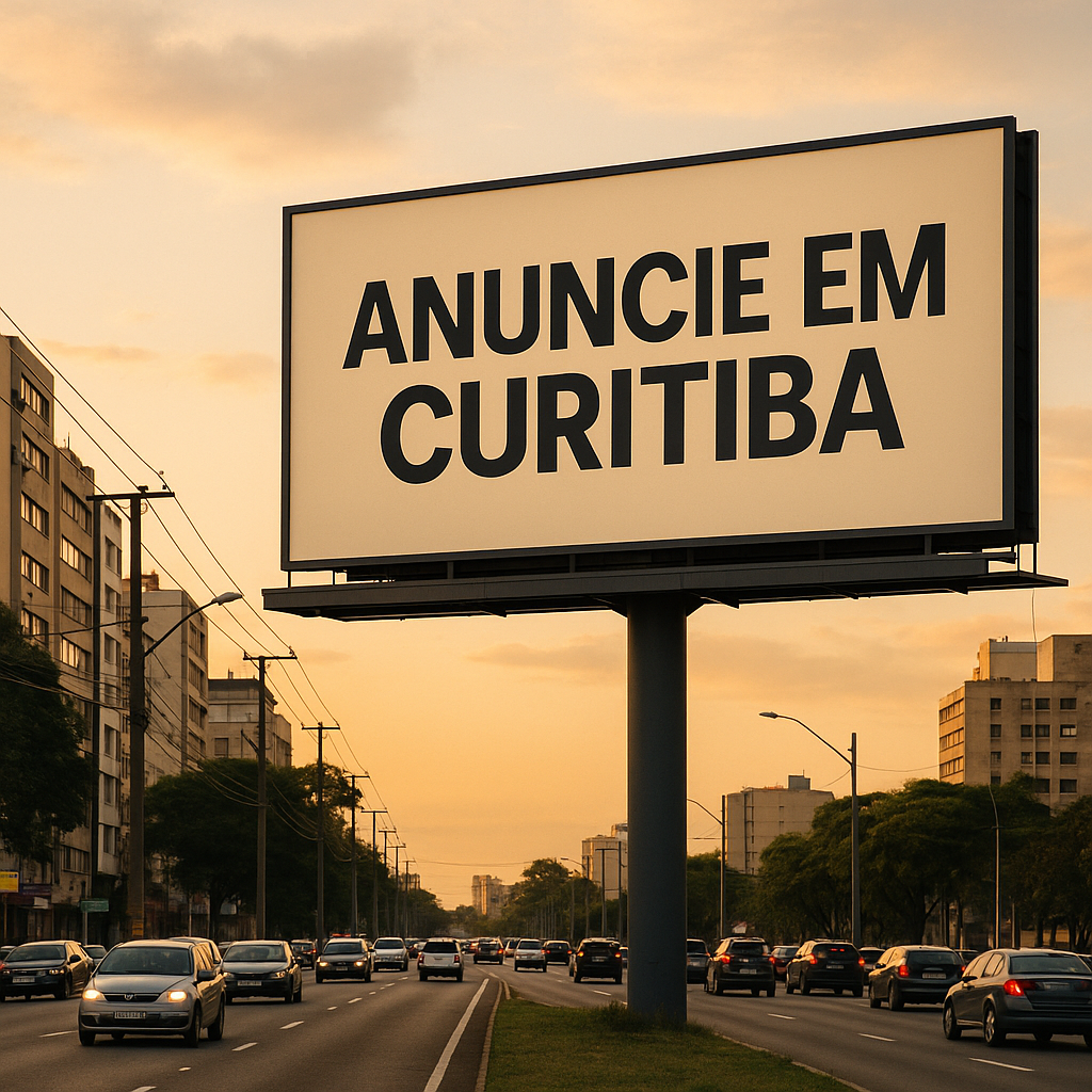 Painel publicitário em área urbana de Curitiba com fluxo intenso de veículos.