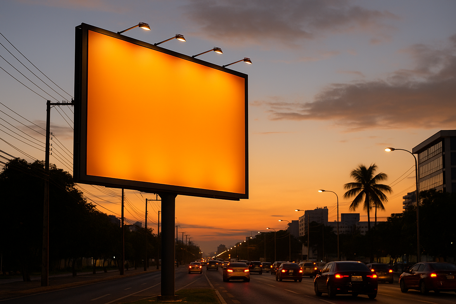 Painel publicitário iluminado ao lado de via urbana em Maceió com tráfego intenso ao pôr do sol.