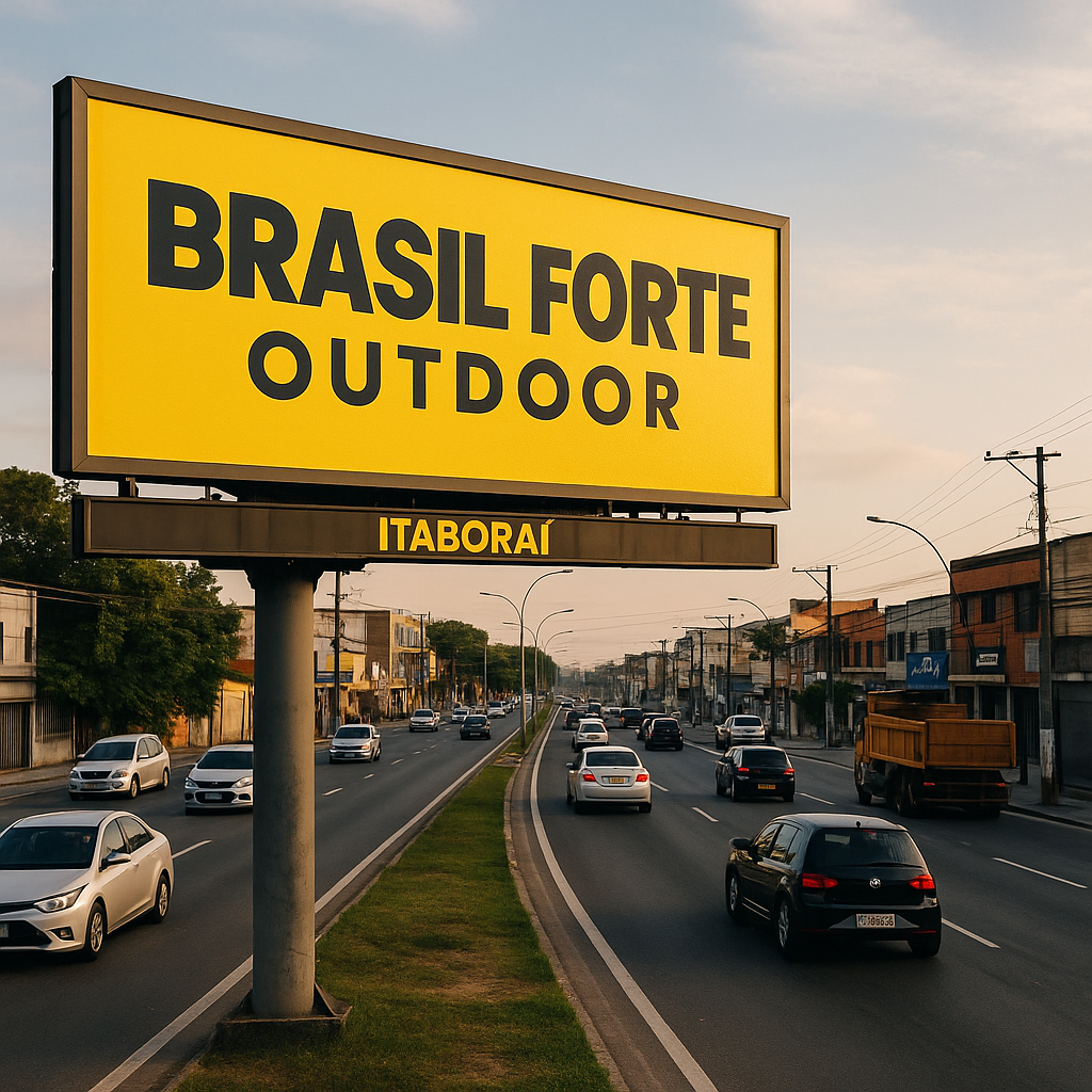 Outdoor publicitário da Brasil Forte Outdoor em via movimentada de Itaboraí, RJ