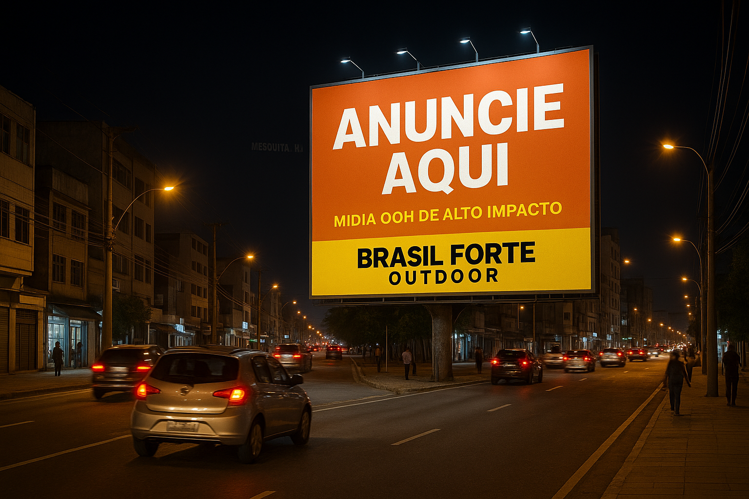 Outdoor iluminado em avenida movimentada de Mesquita, RJ, com campanha publicitária em destaque.