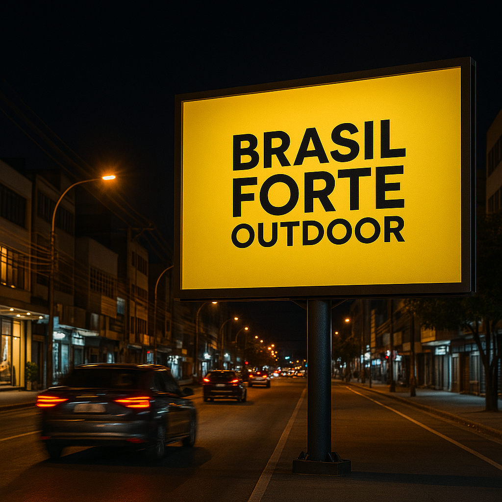 Outdoor iluminado em avenida movimentada de Nilópolis, RJ, com destaque para publicidade urbana.