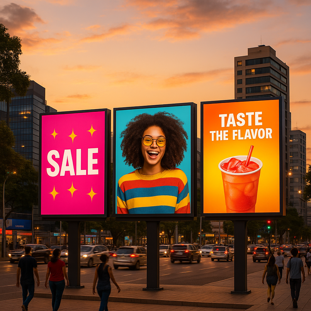 Outdoor moderno em avenida central de Nova Iguaçu, destacando publicidade com grande fluxo de carros e pedestres.